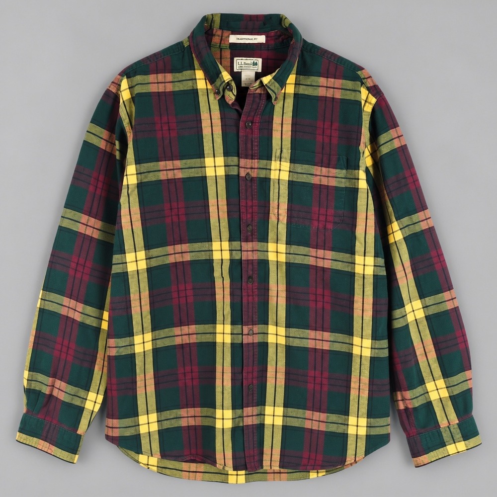 LL Bean Traditional Fit Flannel Shirt Mens Large Green Yellow Plaid 228061